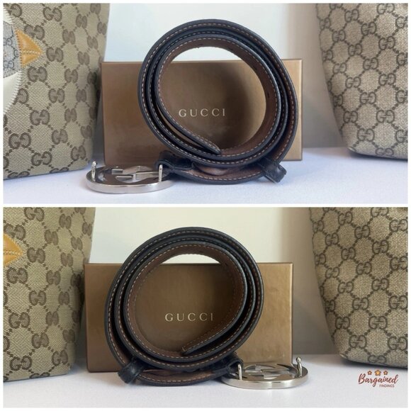 Auth Gucci Black Guccissima Leather Silver Interlocking G Buckle Belt 85/34 - Picture 9 of 13
